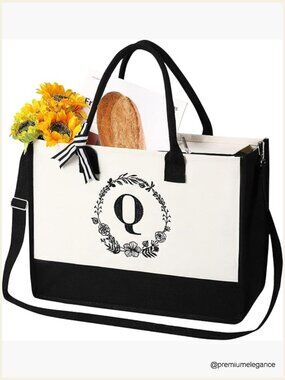 Personalized Tote Bag With Zipper Initial Cotton Nylon Shoulder